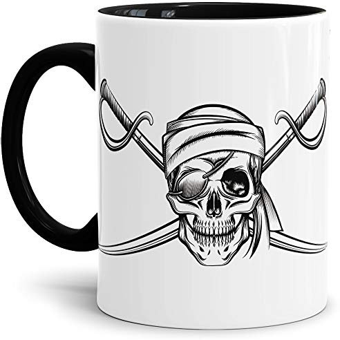 Skull-head Becher/Totenkopf-Tasse Innen & Henkel Schwarz mit Aufdruck Pirat mit Augenklappe und Saebel
