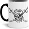 Skull-head Becher/Totenkopf-Tasse Innen & Henkel Schwarz mit Aufdruck Pirat mit Augenklappe und Saebel