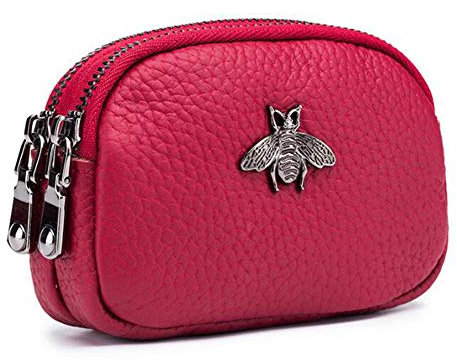 AprinCtempsD Porte-Monnaie Petit en Cuir Véritable Portefeuille Mini Zippé Porte-Cartes avec Double Zip pour Femme Fille (Rouge)