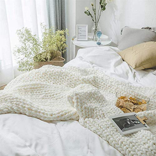 Gestrickte Decke, Grobe Strickdecke Wolle Garn Arm Stricken werfen Super große klobige Stricken Decke Haustier Bett Stuhl Sofa Yoga Matte Teppich (Weiß,120 * 180cm)
