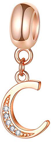 Ciondolo in argento Sterling 925 color oro rosa, con lettera dell'alfabeto, per anniversario, compleanno, per braccialetti Pandora, Oro rosa Argento sterling Argento Poliestere