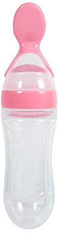 Baby Feeding Bottle, 1Pc 90mLSilicone Baby Food Squeeze Bottle Spoon Feeder Rice Paste Spoon for Baby Toddler(Pink)