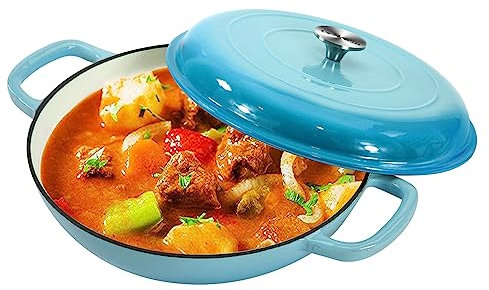 COOKWIN Casserole en fonte de 10 litres, poêle à frire robuste avec couvercle et deux poignées, surface émaillée en porcelaine, cadeau de fête des mères pour la famille, bleu clair