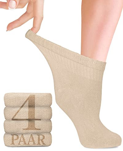 Fiera Besa Diabetiker Socken Damen mit Lycra, 4 Paar, Knöchelhoch Bambus-Viskose Socken, Superweiche, Dünne und ohne Naht Bambus-Viskose socken für den Alltag, 35-38 und 39-42 (35-38, Hellbeige)