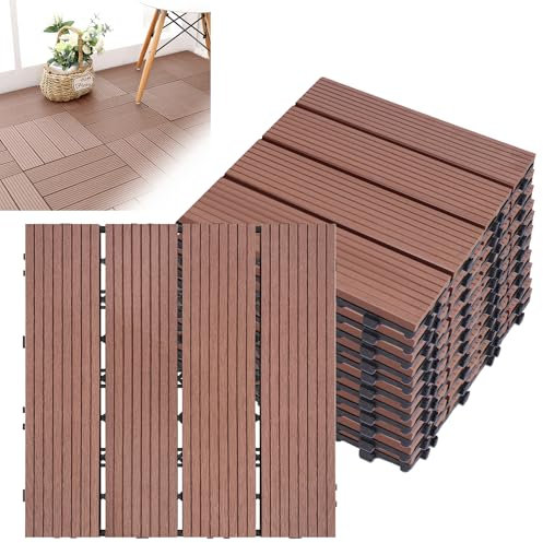 Froadp WPC Fliesen Set, 30x30 cm WPC Terrassenfliesen Klickfliesen, Holz Kunststoff Bodenbelag mit Drainage, Wasserdicht & Rutschfest, Korrosionsbeständig für Balkon & Terrasse, 3m², Braun