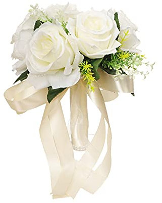 Maritown 9 Inches Bridal Wedding Bouquet Bride Bouquets Flowers Ribbon Artificial Rose Bridal Holding Flowers Bouquets White Purple For Wedding Party