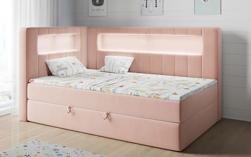 MKS MEBLE Kinderbett mit Led, Boxspringbett 90x200 mit Led, Einzelbett mit Bettkasten und Topper, Kinderbett mit Matratze und Stauraum - Gold 3 Junior - Rosa - Links