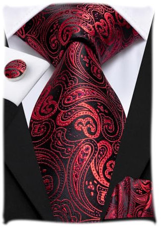 Hi-Tie Herren Krawatte Schwarz Paisley/Plaid/Streifen/Einfarbig Krawatten Set Einstecktuch Manschettenknöpfe Business Formal Hochzeit Meeting Geschenkbox,rotes Paisley