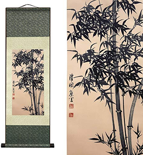 Peintures en Soie Murales Asiatiques Décoration Murale Feuille de Bambou - Bambou Ancien Peinte à la Main Art Chinois Décoration Murale Défilement Peinture Décoration Orientale (94 x 30cm)