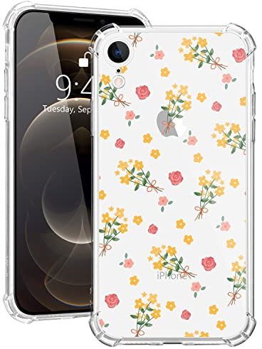 MAYCARI Compatible with iPhone X/iPone Xs Phone Case with Flower Painting, Clear Girly Design Transparent Shockproof Anti-Scratch Soft Flexible TPU Cover with Air Cushion for Girls Women Children