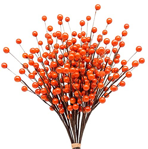 Mauts 10 Pcs Artificial Holly Berries, autumn decoration thanksgiving decoration Christmas Tree Decorations Flower Wreath DIY Craft, suitable for family holiday wedding DIY decoration. (Orange)