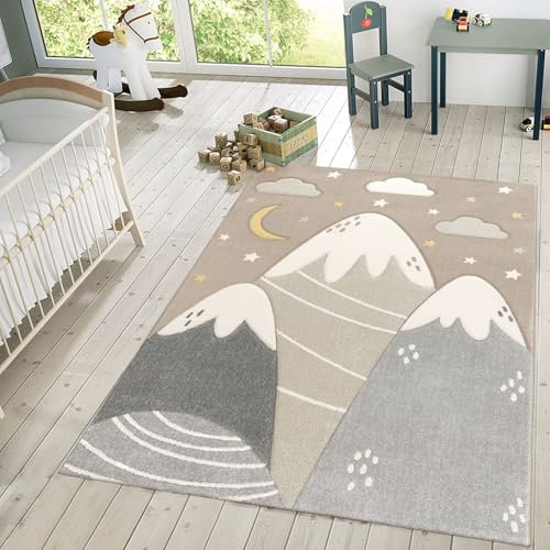 TT Home Kinderzimmerteppich Junge Mädchen Kinderteppich Wolken 3D Optik Sterne Berge, Farbe:Grau Beige, Größe:80x150 cm