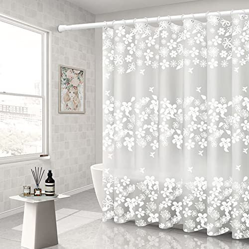 Rideau de douche transparent 120 x 180 cm, motif fleurs Peva, sans perçage, blanc, pour baignoire, anti-moisissure, imperméable et à séchage rapide