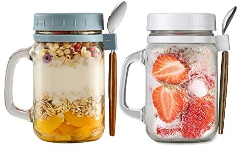 Hniuyun 2 Pack Overnight Oats Jars with Lids and Spoon, 16 oz Airtight Breakfast Jars with Handle, Mason Jars with Lid for Salads Cereal Milk Porridge Fruit