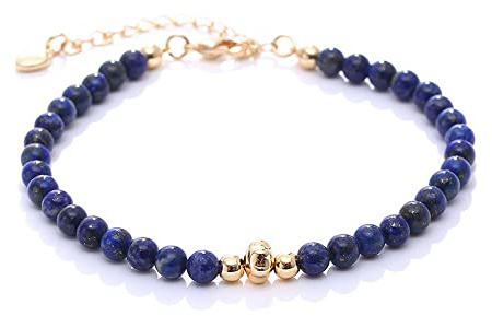 Bracelet de Perles Rondes De 4 Mm Pour Femme Fait à la Main Avec Pierres Précieuses Naturelles Réglable (Bleu Lapis Lazuli)
