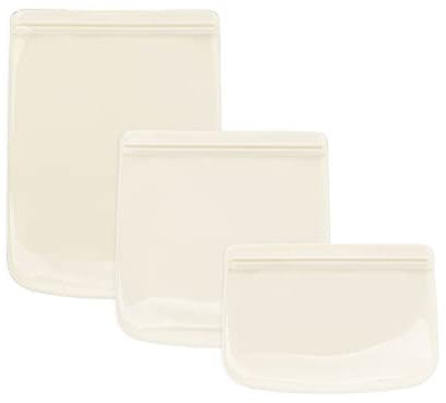 W&P Porter Silicone Reusable Storage Bags, Flat Variety 3 Pack (10oz, 34oz, 46oz), Cream, Food Storage Container, Microwave and Dishwasher Safe, Easy Cleaning
