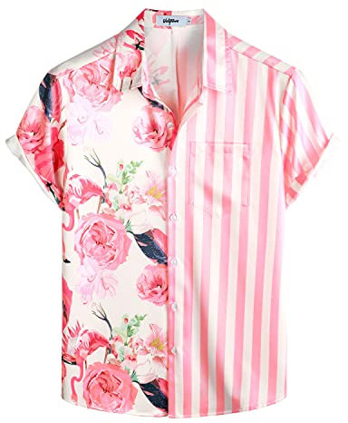 VATPAVE Mens Flamingo Hawaiian Shirts Casual Floral Short Sleeve Button Down Shirt Summer Shirts Large Flower Flamingo Print Pink