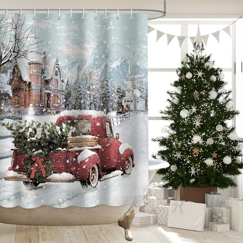 APROPHIC Duschvorhang Weihnachten, Weihnachtsduschvorhang, LKW Weihnachtsvorhang, Badezimmervorhang, Wasserdichter Stoff mit Haken, Duschvorhang 180 x 180cm
