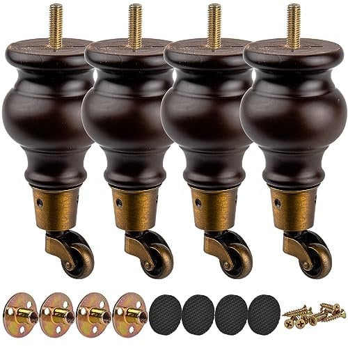 TCHOSUZ 6 inch / 14cm Wooden Furniture Legs, Pack of 4 Classic Walnut Solid Wood Round DIY Replacement Bun Feet with Caster Wheels for DIY Project Sofa Couch Cabinet Ottoman Bed Riser