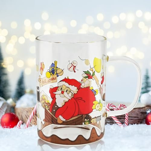 Vasos Taza de Café de Navidad Taza de té con Asa Cristalería Resistente al Calor Tazas Lindo de Navidad Taza para Bebidas Calientes y Frías Té Leche Café Americano Cappuccino Latte Zumo Agua