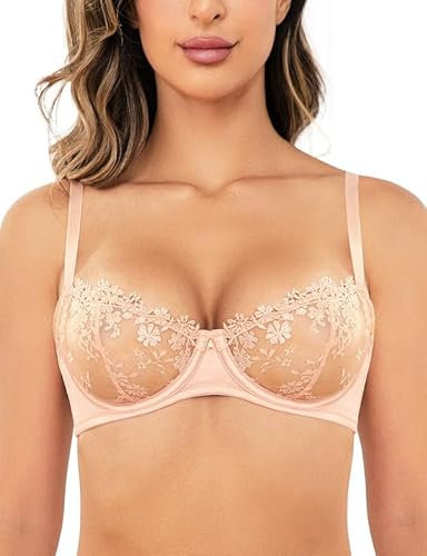 Wingslove Damen BH mit Bügel Floraler Spitze BH Weiche Sexy Durchsichtiger BH Balconette Lace Bra ohne Gepolster (Rosa Nude, 85B