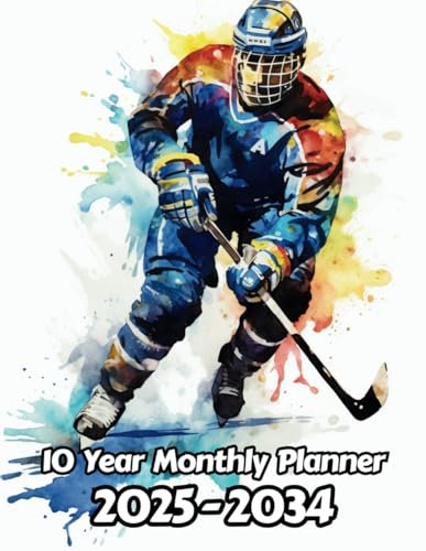 Watercolor Ice Hockey 10 Year Monthly Planner 2024-2033: Large 120 Month Calendar | Gift For People Who Love Winter Sport | For Back To School, Office, Work | 8.5 x 11 Inches | 241 Pages | v6
