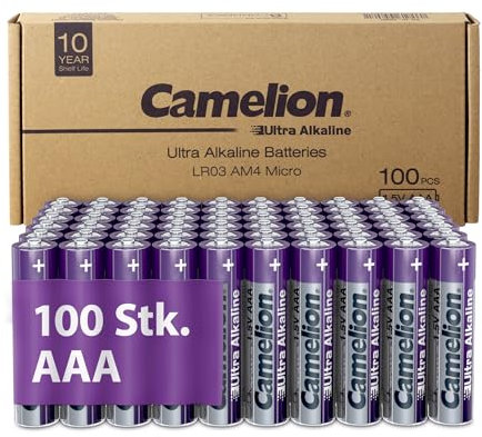 Camelion Ultra Alkaline Batterien AAA – AAA Batterien 100 Stück, Batterien 10 Jahre Haltbarkeit, Umweltfreundlich, Batterie AAA, Batterie Digitalkameras, Weihnachtsbeleuchtung (100x AAA)