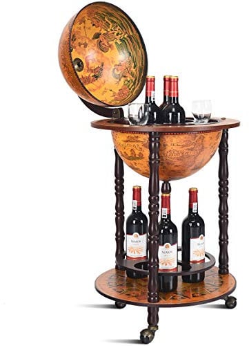 GYMAX Portabottiglie di Vino con Mappamondo, Carrello Bar con Ruote, Supporto da Vino con Coperchio e Piastra di Base, per Bar Sala da Pranzo, Stile Vintage (Stile 2)