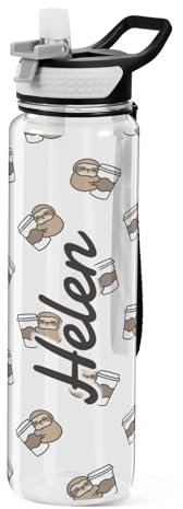 Mnsruu Personalised Cute Sloth Loves Coffee Water Bottle 1L with Straw, Customised Names Leakproof BPA Free Tritan Drink Bottle, Sport Water Bottle