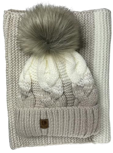 kennydoo Mütze & Schal Set achti I 2 teilig I Damen Kombi - Beanie mit großem Bommel und Loop I kuschelig gestrickt (beige/natur)