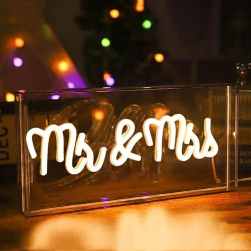 HFHungkeong Mr&Mrs Wedding Stand Neonschild Mr and Mrs. LED Tischschild Hochzeitsdekoration 3D Hochzeits Neonbuchstaben Leuchtkasten Atmosphäre Verlobung Brautparty Hochzeitsgeschenk 30 x 15 x 4,6 cm
