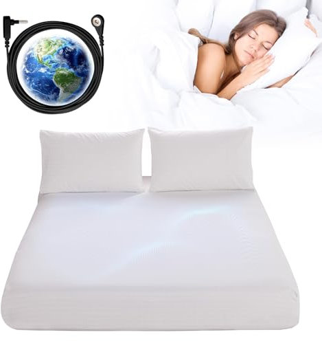 Erdungs-Spannbetttücher 200x200x38cm, Erdungsbettlaken Erdungsmatte mit Kabel Steckeradapter Bio Baumwolle Silberfase Erdungsenergie für Besseren Schlaf (Weiß)