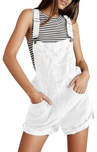 KBOPLEMQ Salopette da donna in jeans corti, pantaloni corti in denim, pantaloni corti in denim, tuta Playsuit Jeans vintage, vestibilità larga, pantaloni con gamba dritta, bianco, XL