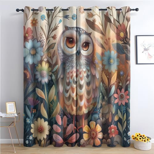 Vorhänge Eule Muster - Kinder Floral Botanisch Fenster Gardinen mit Ösen, Vorhang Blickdicht Verdunklungsvorhänge Thermovorhang für Wohnzimmer Schlafzimmer Deko 2er Set, H 175 x B 140 cm E&-6
