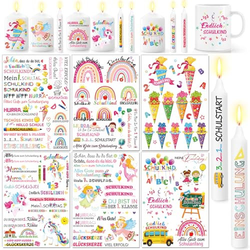 DPKOW 6 Blatt Kerzentattoos Schulanfang Wasserschiebefolie Kerzen Schulkind Kerzentattoos Einschulung Tischdeko Schulkind Schultüte Kerzentattoos Einhorn Schutzengel Meerjungfrau Kerzentattoos Mädchen