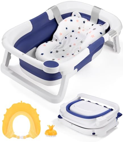 Bañera Plegable Bebé Bañera Plegable Portátil(Azul),Con Almohada de Bañera, Sombrero de Ducha, Cepillo de Ducha, Adecuada para Recién Nacidos y Bebés