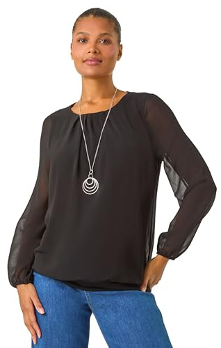 Roman Originals Chiffon Overlay Top with Necklace for Women UK Ladies Smart Evening Blouse Fitted Stretchy Going Out Elegant Sparkly Party 3/4 Length Sleeve V-Neck Silk - Plain Black - Size 10
