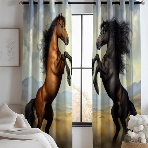Blickdicht Vorhang mit Fantasie Pferd Felder Muster Vorhang mit Ösen Thermovorhang für Mädchenzimmer Wohnzimmer Schlafzimmer Fenstervorhänge Braun Schwarz für Zuhause H214 x B91.5 cm (2er Pack)