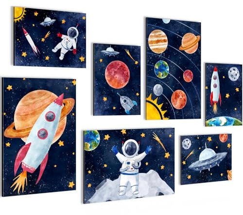 Novart Bilder Weltweit Rakete - KOMPLETT AUFHÄNGFERTIG - Blau Bunt Kinderzimmer - 7 Moderne Mood-Bilder - N030072a