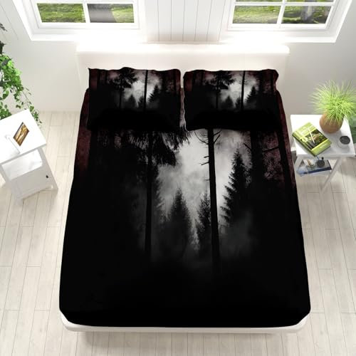 Halloween Drap-Housse Imprimé 3D Forêt Sombre Parure De Lit Drap Imprimé 140x200cm avec Deux Taies d'oreiller 65x65cm Noir Poche de 30 cm de Profondeur Confortable Et Doux
