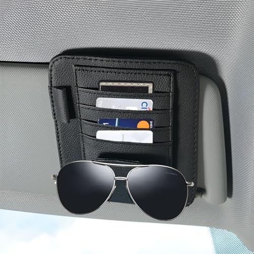 Organizador para parasol de coche – Portaobjetos multiusos de piel negra para visera – Porta tarjetas, bolsillo porta documentos y clip gafas – Accesorios universales para coche