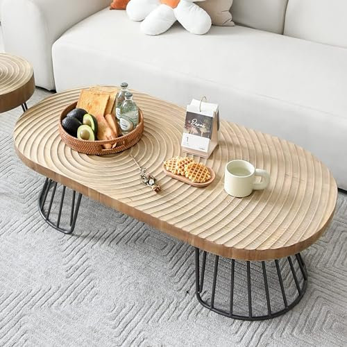 Zouron Couchtisch Holz Oval Ellipse Wohnzimmertisch Holz Coffe Table wie Wasserwellen Design Vintagebraun Tisch Metallgestell 120x60x40cm