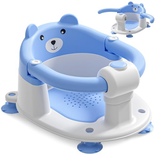 Seggiolino per Vasca da Bagno per Bambini a Partire da 6 Mesi, Seggiolino da Bagno Antiscivolo con 4 Ventose e Cuscino per Neonati, Sedia per Doccia Portatile per Doccia o Vasca da Bagno, Blu