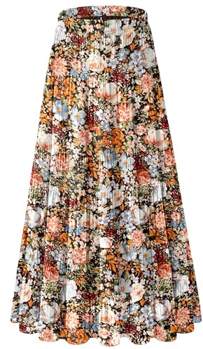 NiPaMi Women's Chiffon White Flowy Maxi Skirt Boho Summer Elastic Waisted Pleated A Line Long Skirts for Women 2026(Coffee Floral-24,XL)