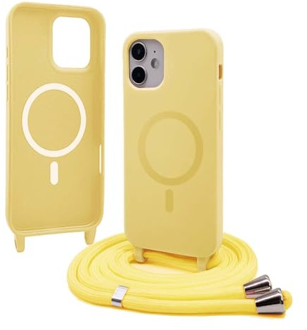 Bigcousin Handykette für iPhone 12 Mini Hülle mit Band,Magnetisch kompatibel mit Magsafe,Silikon Necklace Handyhülle mit verstellbar und abnehmbar,Gelb