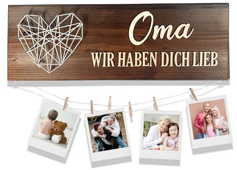 StuckART© - Oma Geschenk - OMA WIR HABEN DICH LIEB - personalisiertes Geschenk für Oma zum Geburtstag, Muttertag, Weihnachten - Holzschild mit Herz & Foto-Option - 3D Wanddeko
