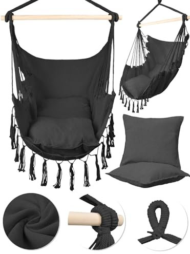 MalTec Hängesessel Gartensessel Brasilianischer Cocoon Stuhl mit Kissen Hängestuhl Indoor & Outdoor Dunkelgrau Sessel zum Aufhängen bis 120kg belastbar