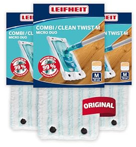 Leifheit Wischbezug Clean Twist M, 2-Faser-System, 3er Set | Micro duo Ersatzbezug für Combi M, 33 cm Wischbreite, mit Druckknöpfen, bis 200x bei 60°C waschbar