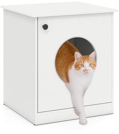 COSTWAY Katzenschrank Katzenklo Schrank, Katzentoilette mit Tür & großem Eingang, Katzenhaus Beistelltisch Holz, Katzenhöhle für kleine und mittlere Katzen, modern, Weiß, 51 x 47 x 57 cm