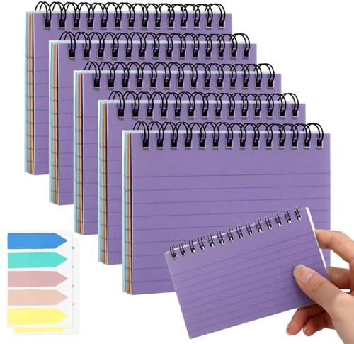 250 Stück Karteikarten Liniert 5 Farben, Karteikarten Groß Bunt Lernkarten Kinder, Back to School Clean Girl Spiral Flashcards mit Transparenter Abdeckung 12.5x7.5cm, Index Cards mit 200 Register